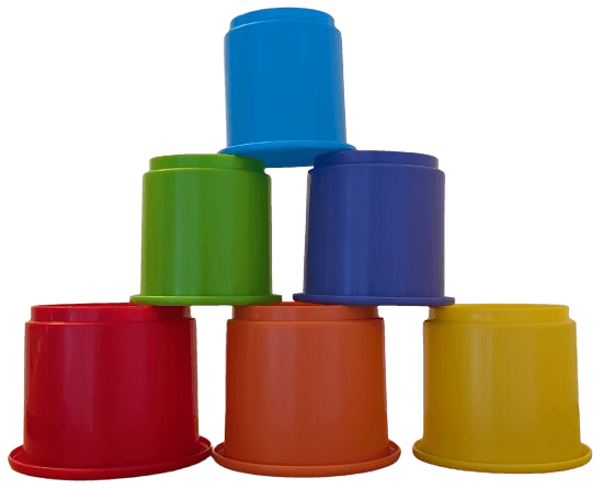 A stack of six plastic cups, in a rainbow of colours