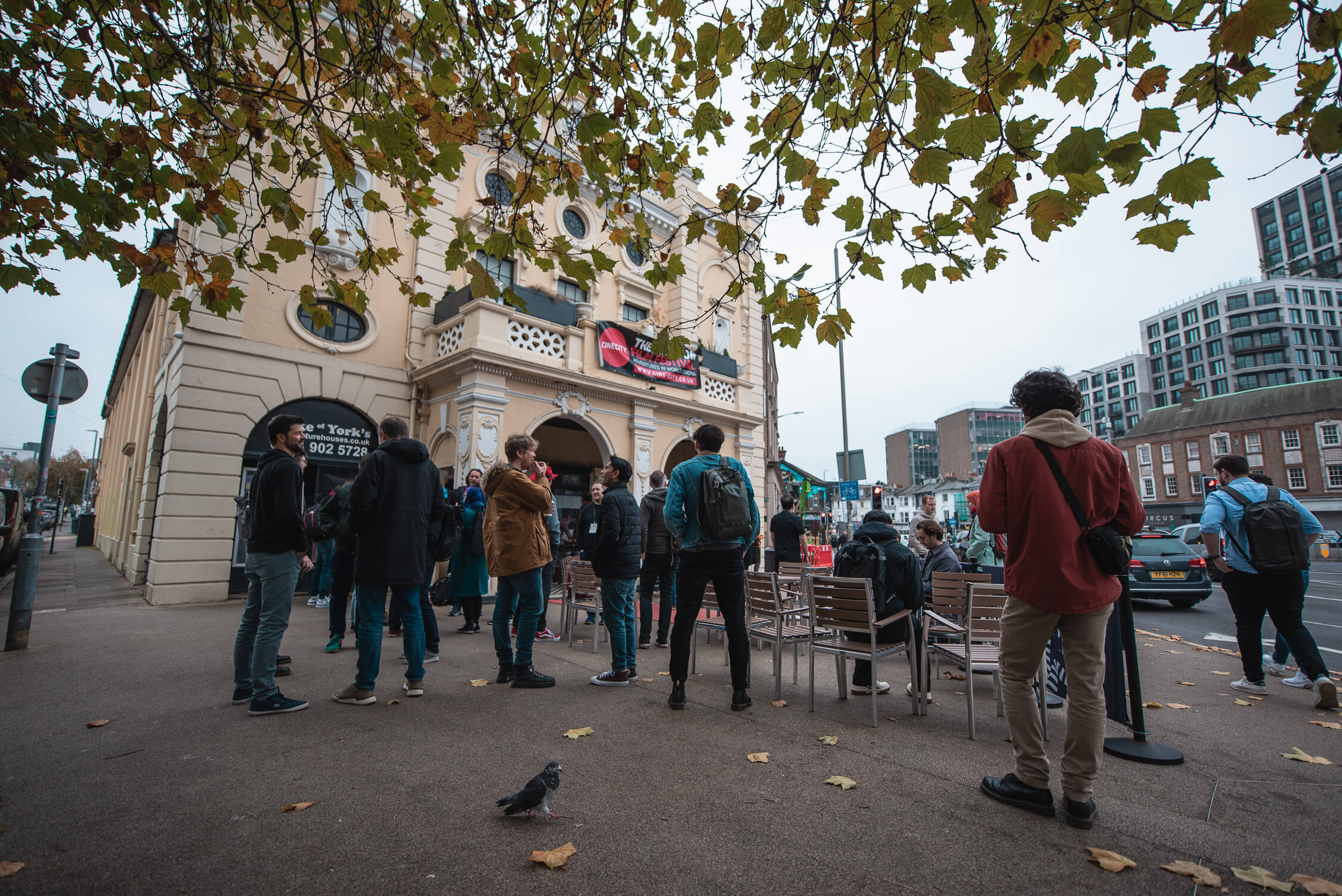 Crowds and a rogue pigeon gather outside the Duke of Yorks cinema ahead of FFConf 2024 beginning