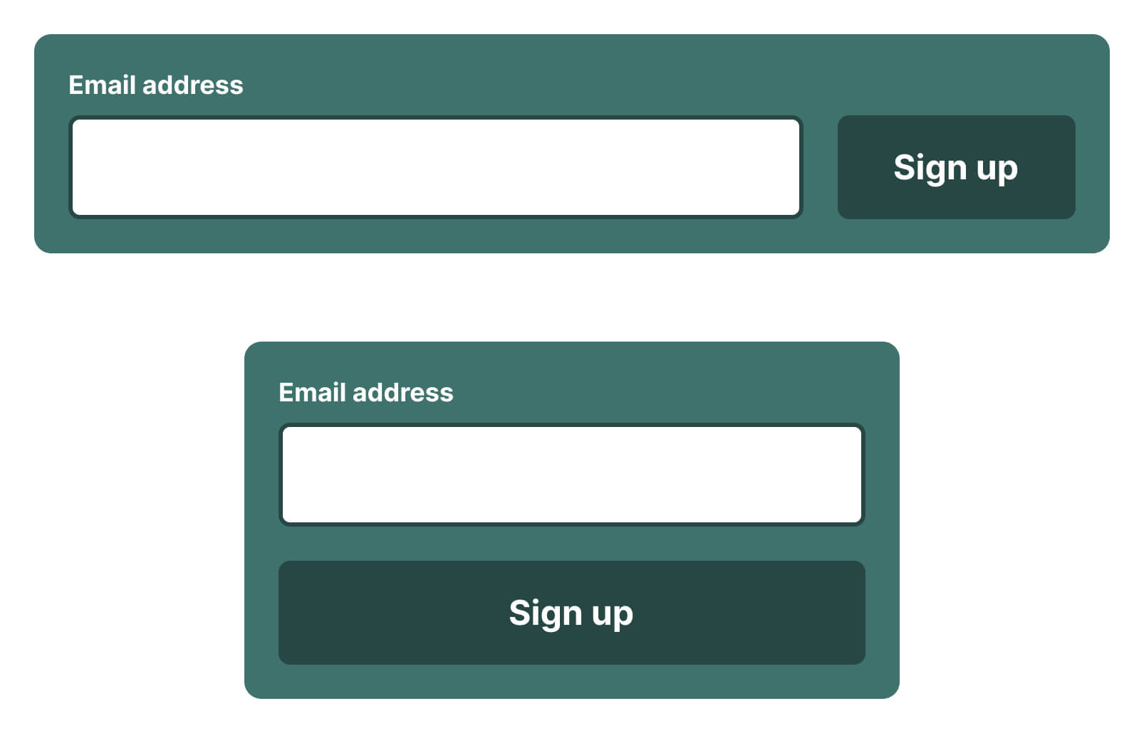 Two images of the form, one with the email field and button aside one another, and the other with them stacked.